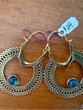 BOHO Gold Brass Hoop Earrings with Labradorite Stone - Women Jewelry